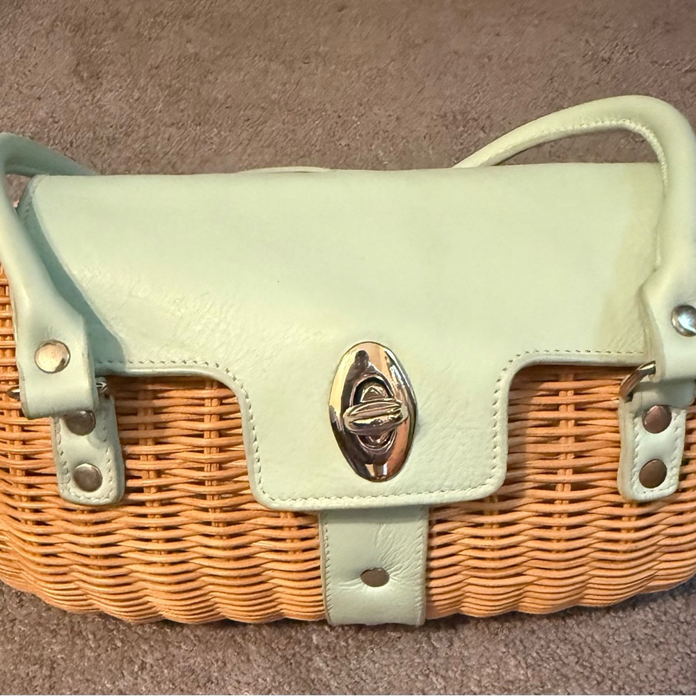 Classic Woven Straw Shoulder Bag with Mint Leather Trim